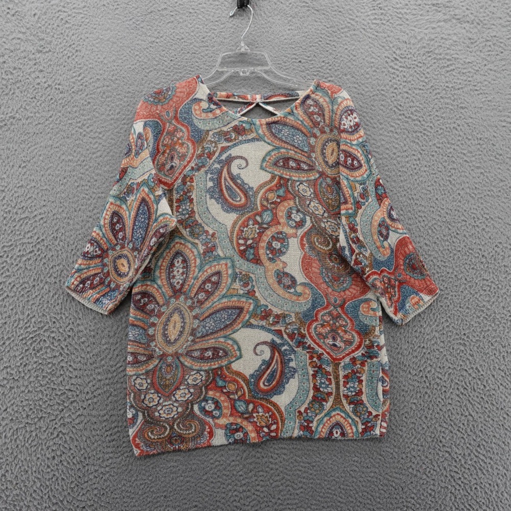 Chicos Paisley Floral Tunic Sweater Size 2 US Large Multicolor Women Back Cutout